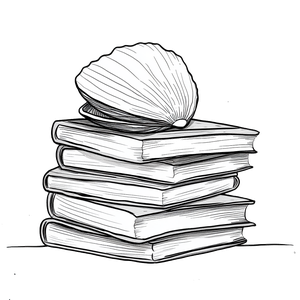 clam on stack of books